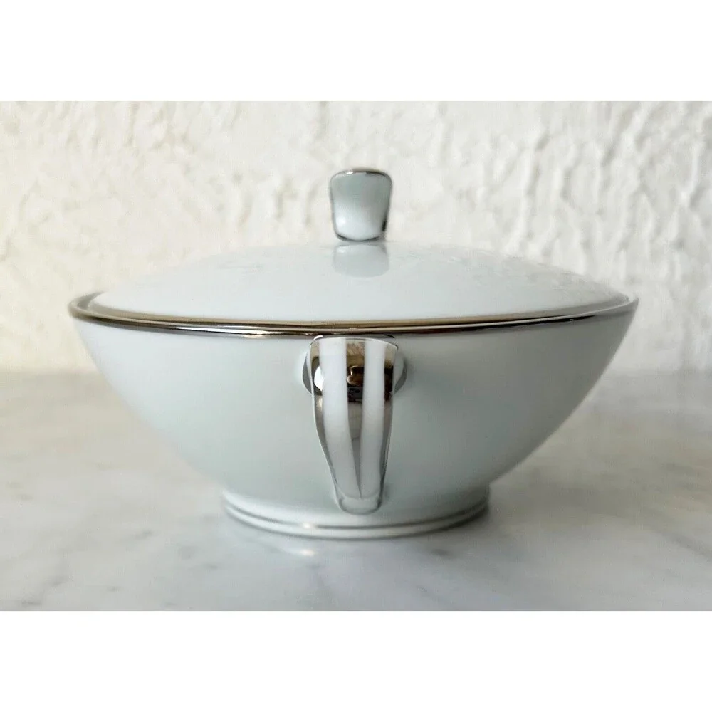 Vintage Noritake Colony China Japan Sugar Bowl & Lid White Platinum Trim